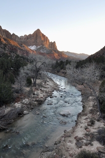 The Watchman and Virgin River on cold and perfectly lonely day Zion NP 