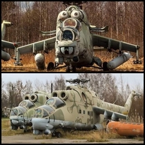 These abandoned helicopters look like they have faces on them