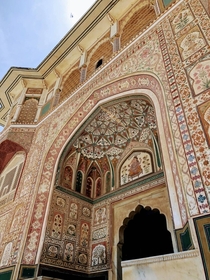 These intricate carvings and murals found on the Amber Gate were painted using natural pigments Jaipur India