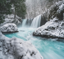 This beautiful waterfall looking even more amazing with fresh snow Spirit Falls WA 