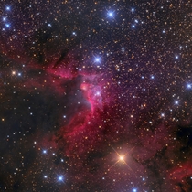 This colorful skyscape features the dusty reddish glow of Sharpless catalog emission region Sh- the Cave Nebula About  light-years away the scene lies along the plane of our Milky Way Galaxy toward the royal northern constellation of Cepheus 
