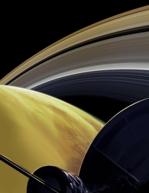 This illustration imagines the view of the Cassini spacecraft while diving into Saturn From the NASA website