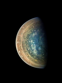 This image of Jupiters swirling south polar region was captured by NASAs Juno spacecraft as it neared completion of its tenth close flyby of the gas giant planet