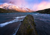 This is what mph wind on a lake looks like during an beautiful sunrise I took this while trekking through Torres del Paine National Park in Chile -  OC