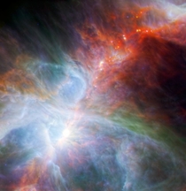This new view of the Orion Nebula shows embryonic stars within extensive gas and dust clouds It shows newly forming stars surrounded by remnant gas and dust in the form of discs and larger envelopes 