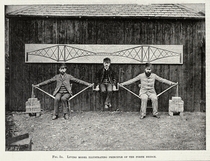 Three men demonstrating the principle of a cantilever bridge  