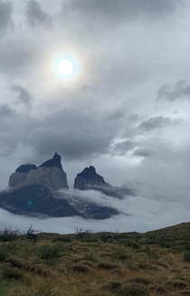 Torres del Paine looking otherworldly on a cloudy day 