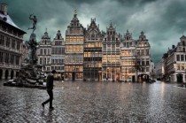 Town square on a rainy day in Antwerp Belgium 