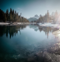 Tranquil scene on the bow river in Canmore Alberta 