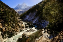 Trekking in the Himalayas on the way down to Lukla from Everest Base Camp 