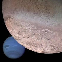 Triton and Neptune from Voyager  the black smudges on the bottom of Triton come from nitrogen geysers 