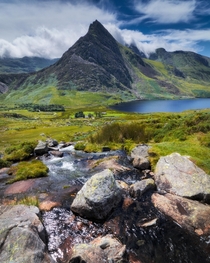 Tryfan in Snowdonia clouds around its shoulders North Wales UK 