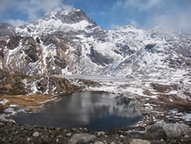 Two adjacent lakes - one frozen and another not Location Nathu La Sikkim India 