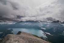 Upper Kananaskis Lake under the clouds in AB Canada - from the summit of Mt Indefatigable OC