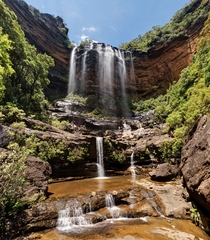 Upper Wentworth Falls as viewed along the National Pass walking track in the Jamison Valley near the town of Wentworth Falls in the Blue Mountains Australia Photograph David Iliff 