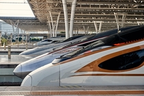various generations of Chinese CRH high-speed trains at Shanghai Hongqiao today 