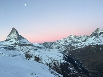 View from my hotel room balcony of the Matterhorn at sunrise  x  
