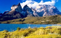 View of Cuernos del Paine from Peho Lake Chile 