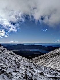 View of lake Taupo through the clouds from Mount Tongariro New Zealand 