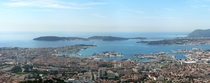 View over the mediterranean city of Toulon France showing the main military port of France with multiple warships docked 