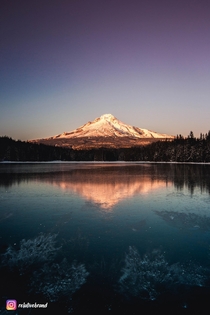 Visited Mt Hood for the first time but I had no idea they closed the road I hiked two miles in the snow to catch sunset at Trillium Lake 