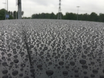 Water droplets on a newly waxed metallic blue car 