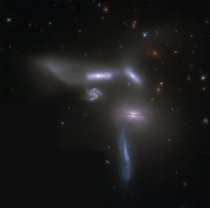What will survive this battle of the galaxies Known as Seyferts Sextet this intriguing group of galaxies lies in the head portion of the split constellation of the Snake 