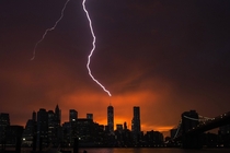 With the sun setting over New York on July   the One World Trade Center building in Manhattan is struck by lightning during a summer storm REUTERS 
