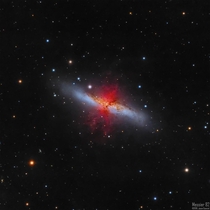 Within the Cigar Galaxy a star explodes every few years fueling these bright red jets of hydrogen gas I took pics for  hours to create this portrait with a backyard telescope 