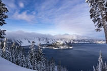 Wizard Island with a fresh coat of snow Crater Lake National Park 