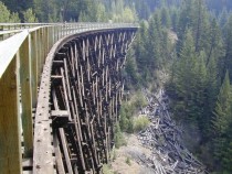 Wooden trestle on the Kettle Valley Railway in British Columbia before it was destroyed in a forest fire  