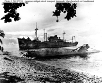 Wrecks of Japanese ship Yamazuki Maru and midget submarine on beach at Guadalcanal as photographed in  Photo credit to U S Army SSgt Heiberge May   