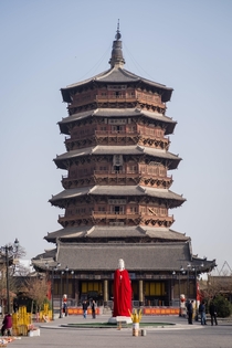 Yingxian wooden pagoda AD in Shanxi Province China It is the oldest fully wooden pagoda still standing in China measuring at about m  in height